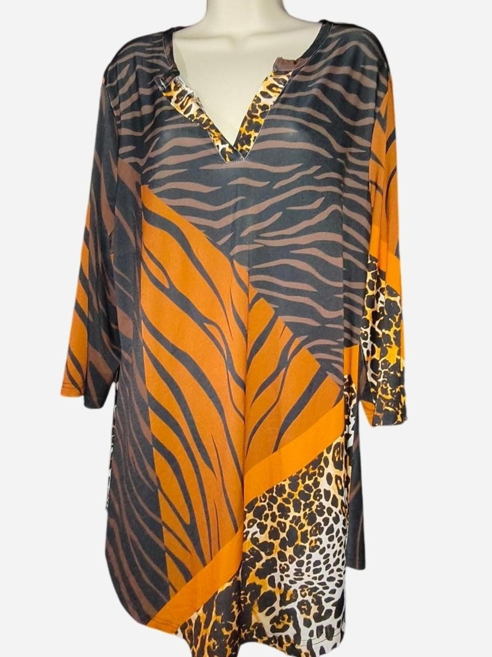 Animal-Print V-Neck Tunic in Orange and Brown